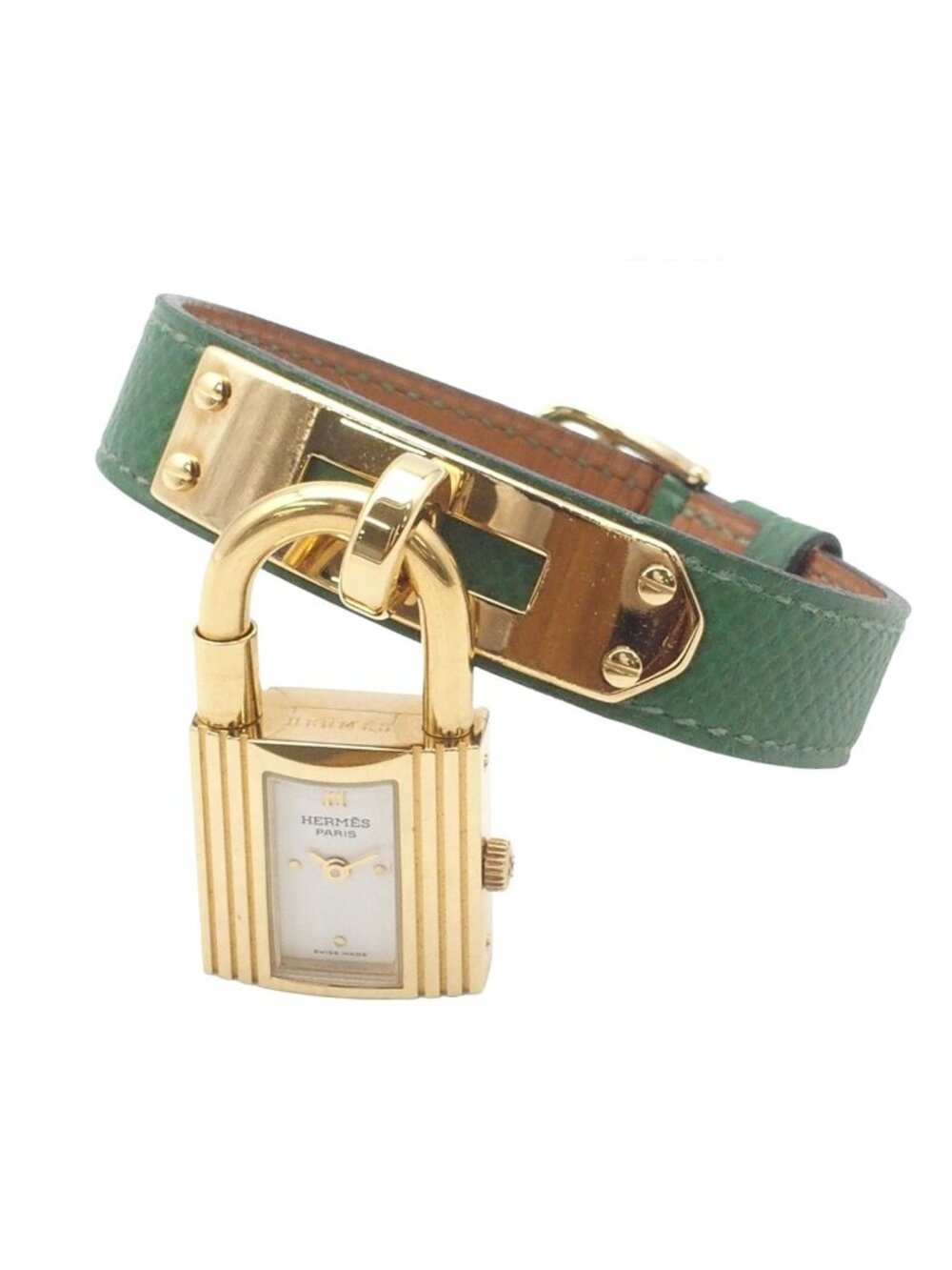 Hermes Kelly Watch Vintage White Gold Green Stainless Steel Courchevel Quartz